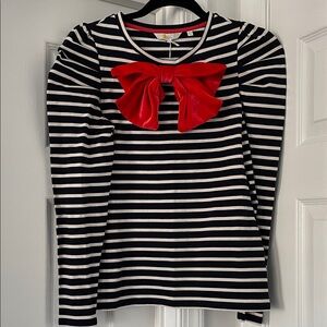 NWT Boden Navy and White Striped Top with Red Bow